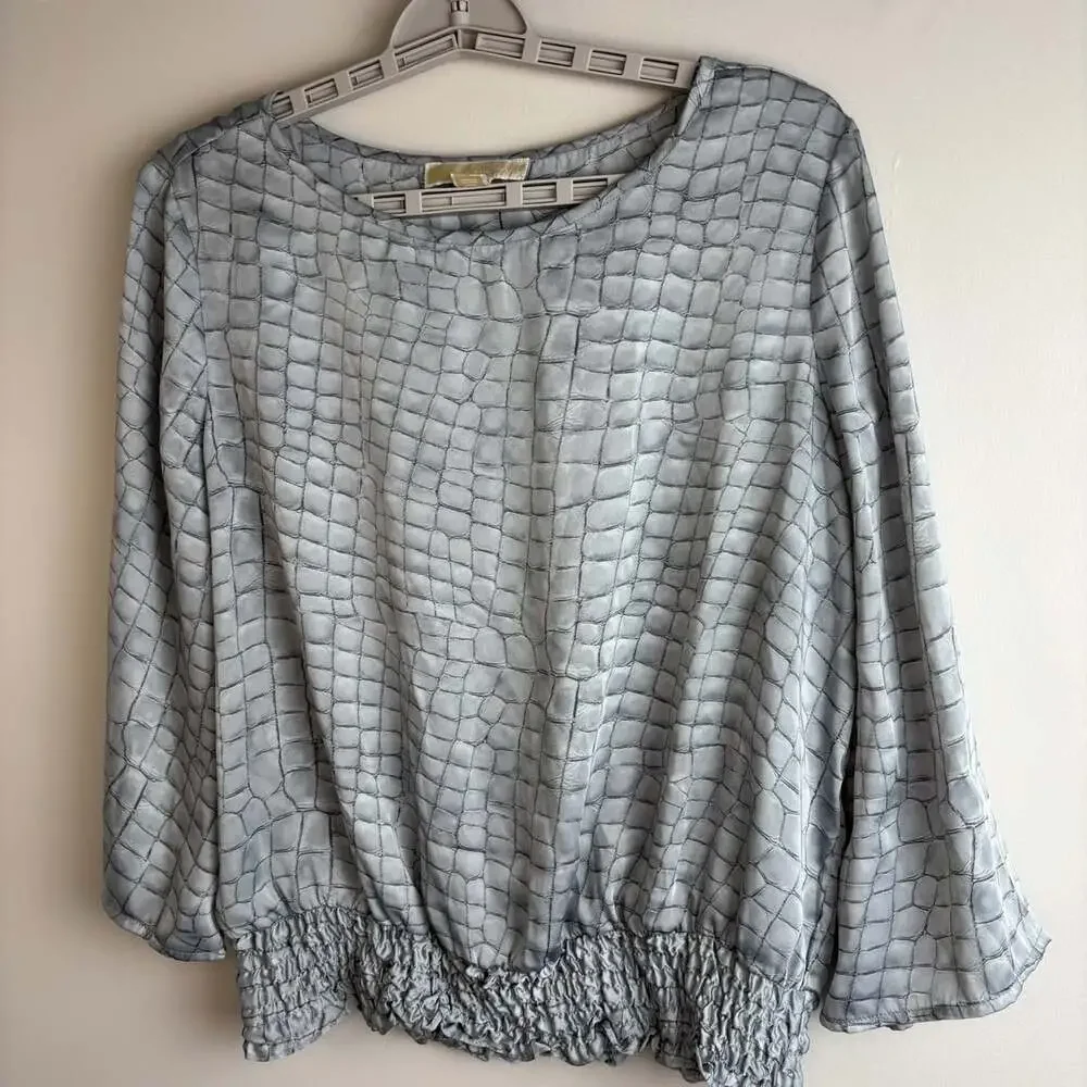 Michael Kors silky animal print top womens L gray open sleeve cinched waist